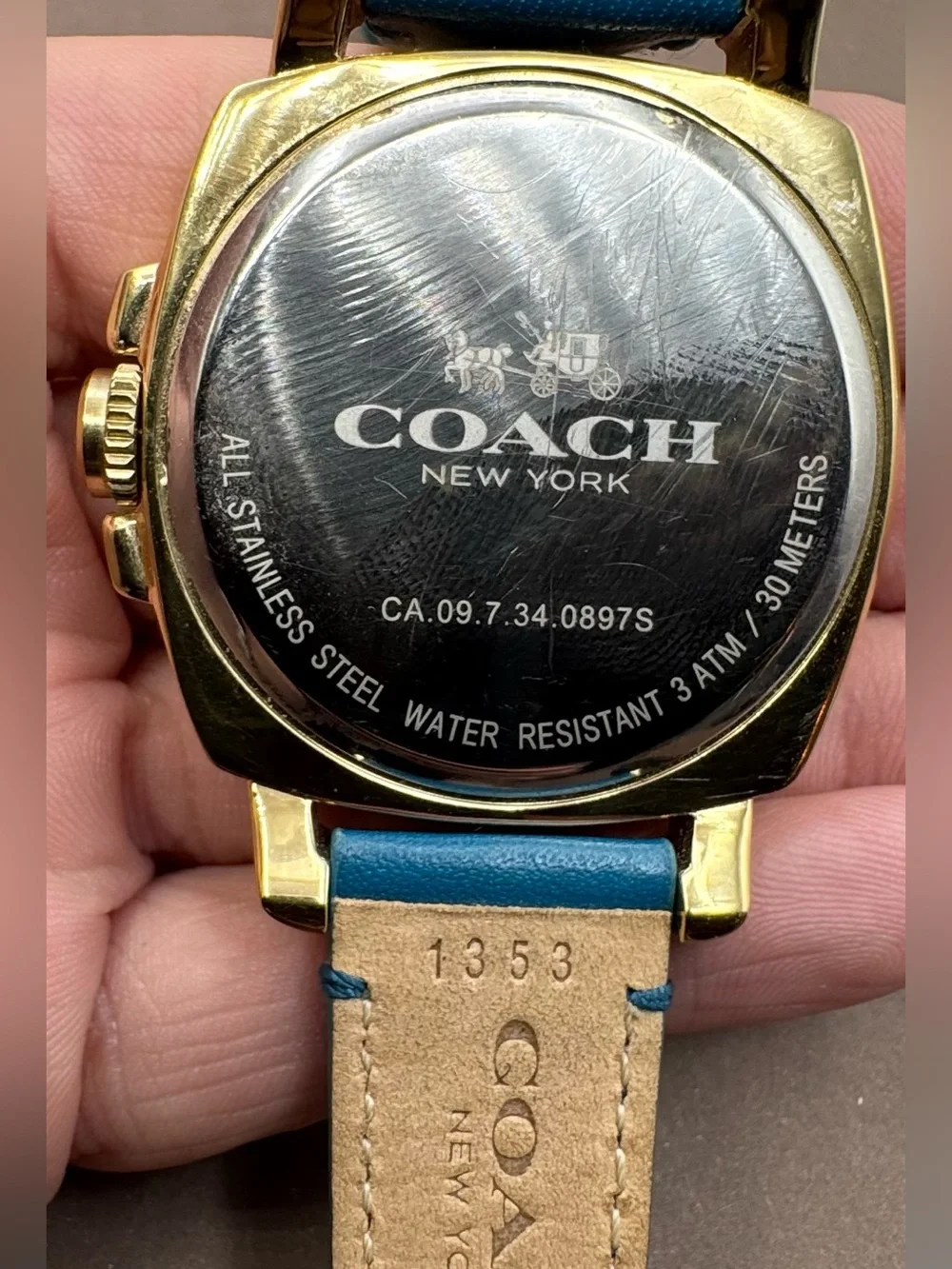 Coach Gold Plated Blue Leather Strap Swarovski Crystal Womens Boyfriend Watch